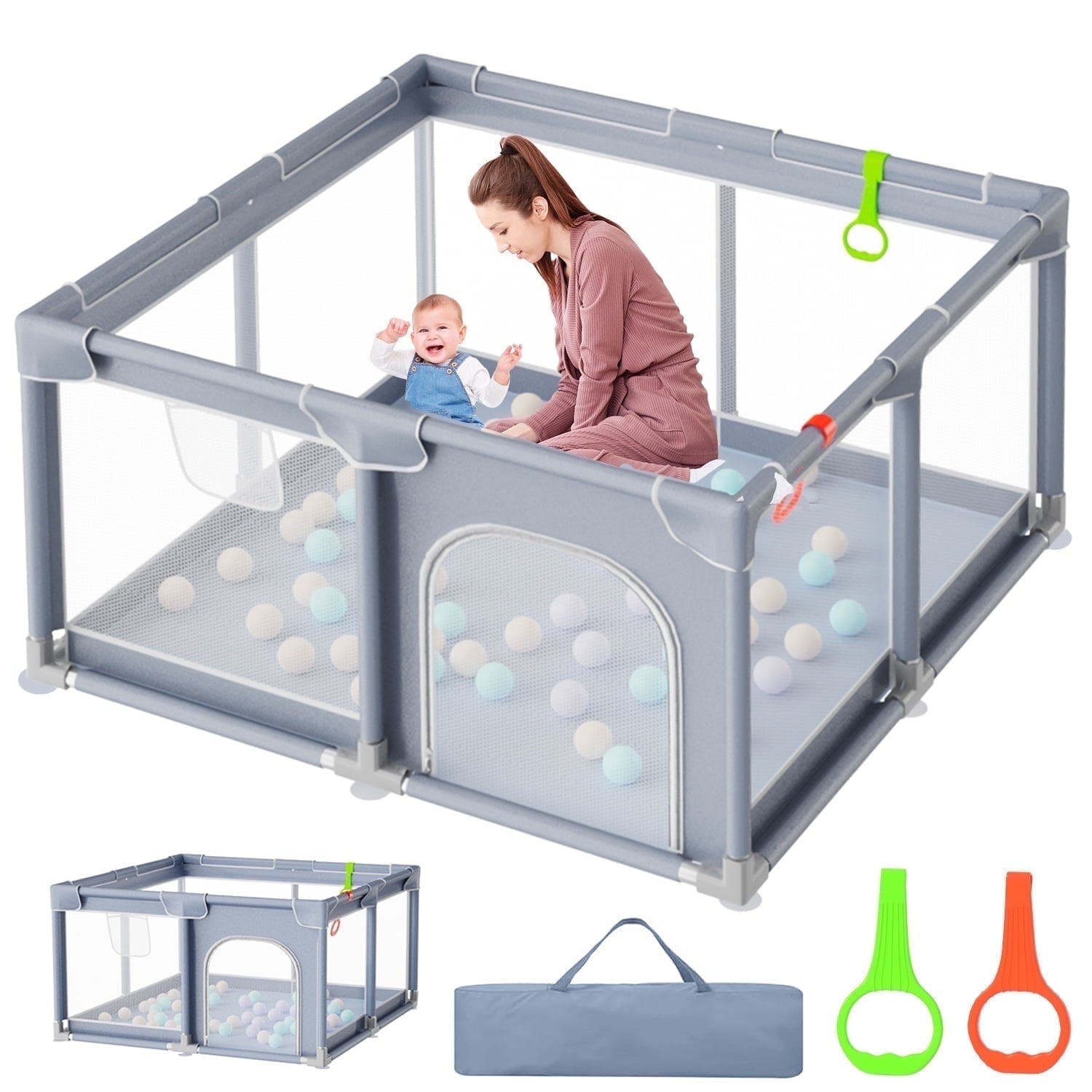 JoyStone Baby Playpen 50''x50'' Inches, Safe Non-Slip Base Play Yard with Soft Breathable Mesh, 2 Pull-Up Rings & Carry Bag, Sturdy Indoor & Outdoor Baby Activity Center for Toddlers, Gray