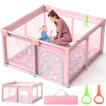 JoyStone Baby Playpen 50''x50'' Inches, Safe Non-Slip Base Play Yard with Soft Breathable Mesh, 2 Pull-Up Rings & Carry Bag, Sturdy Indoor & Outdoor Baby Activity Center for Toddlers, Pink
