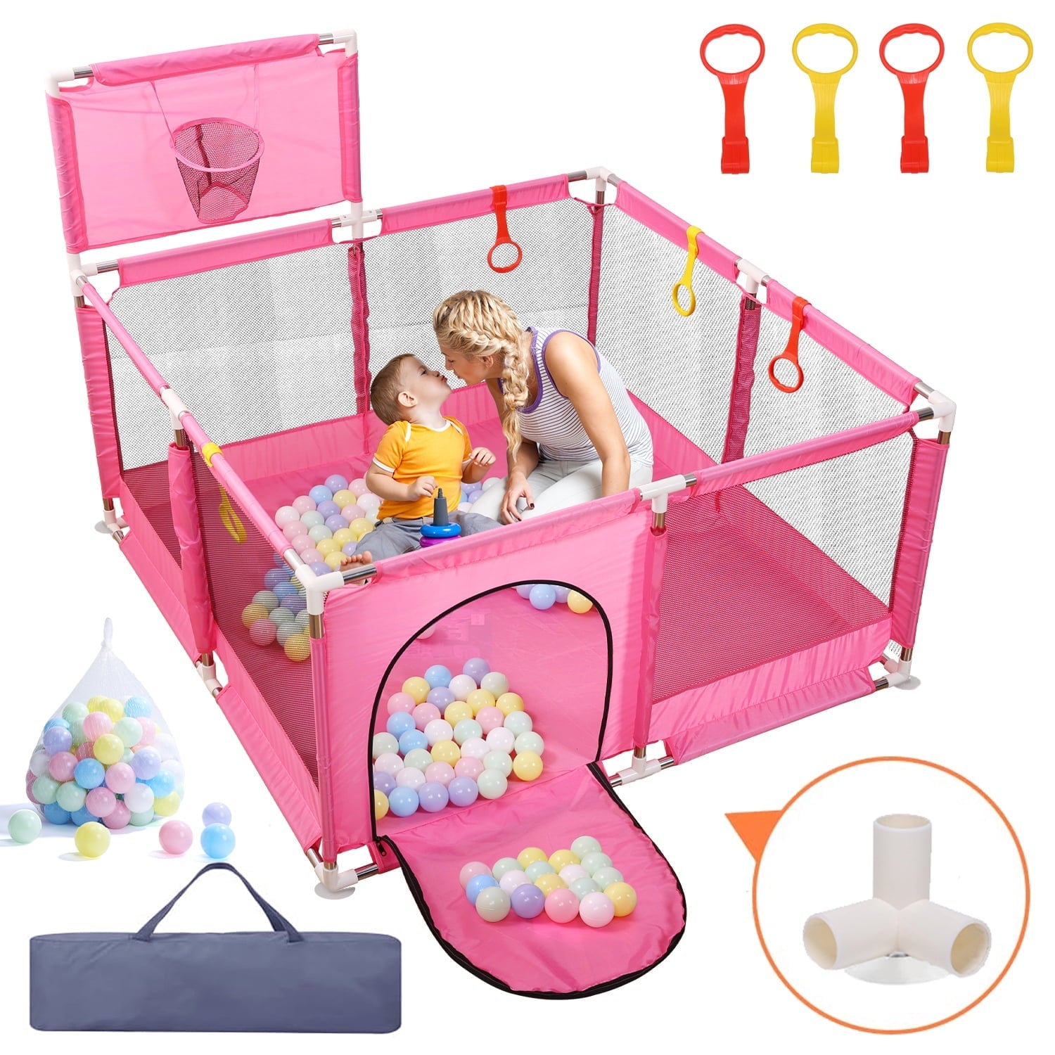 JoyStone 50 x 50 Baby Playpen with 30 Ocean Balls, Soft Mesh Sides, Basketball Hoop & Pull Rings, Indoor Baby Fence for Toddlers, Pink