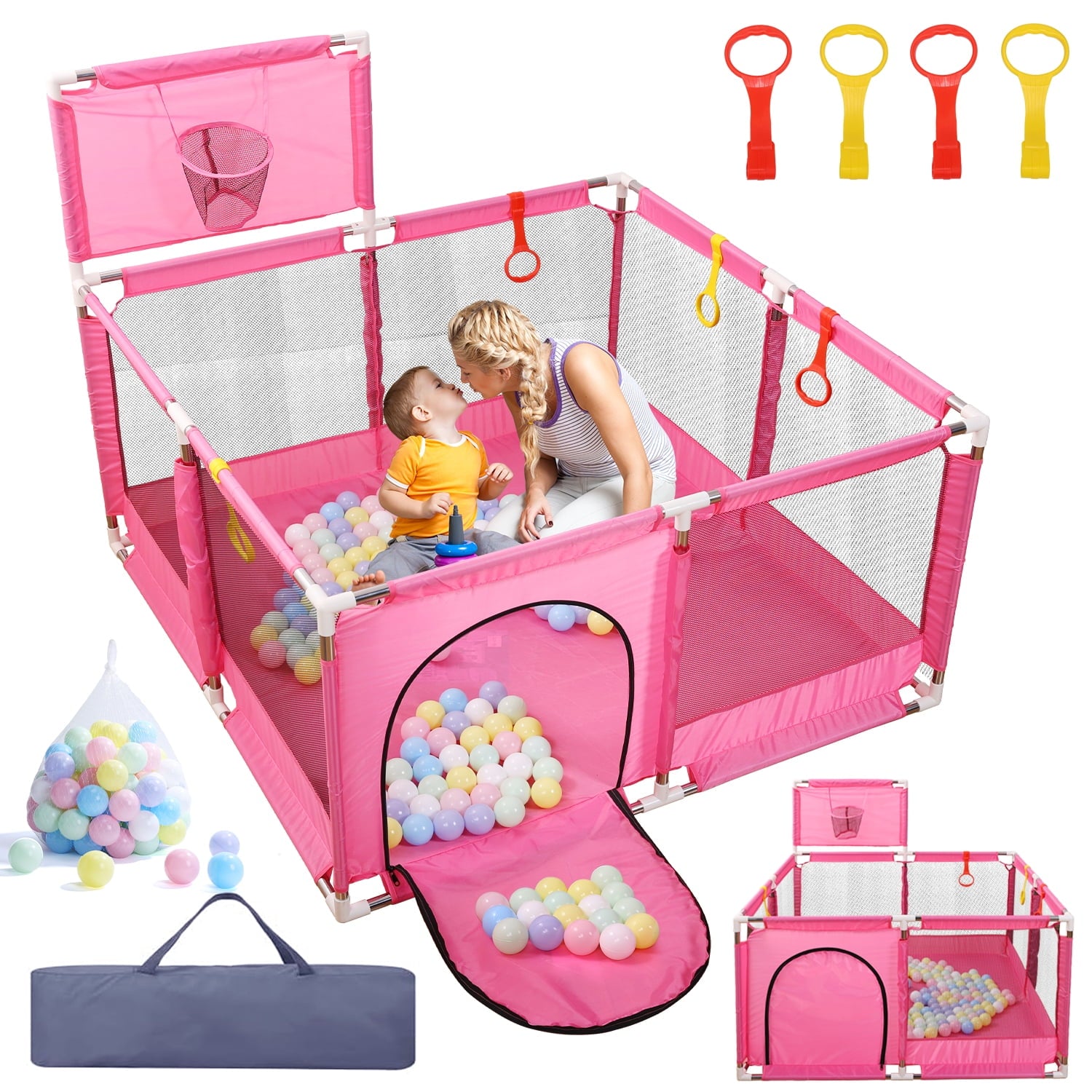 JoyStone Baby Playpen for Toddler, Large Baby Playard with Basketball Hoop, Indoor & Outdoor Baby Fence with Ocean Ball, Playpen for Babies