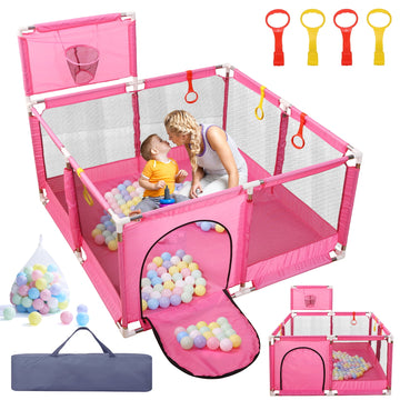 JoyStone Baby Playpen for Toddler, Large Baby Playard with Basketball Hoop, Indoor & Outdoor Baby Fence with Ocean Ball, Playpen for Babies