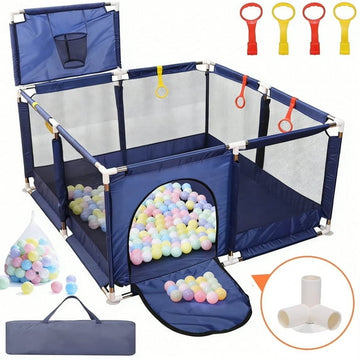 JoyStone 50 x 50 Baby Playpen with 30 Ocean Balls, Soft Mesh Sides, Basketball Hoop & Pull Rings, Indoor Baby Fence for Toddlers, Blue