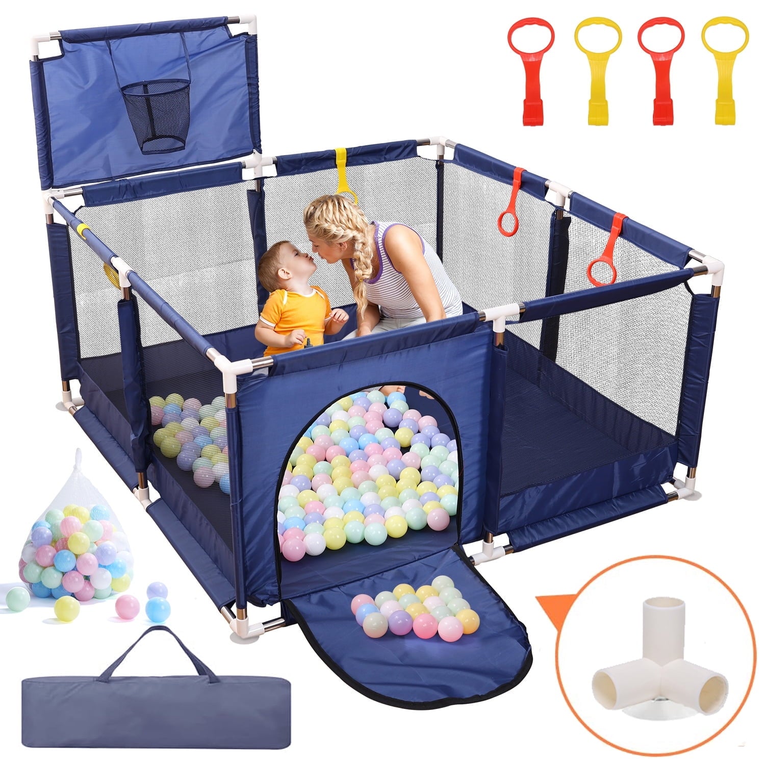 JoyStone 50 x 50 Baby Playpen with 30 Ocean Balls, Soft Mesh Sides, Basketball Hoop & Pull Rings, Indoor Baby Fence for Toddlers, Blue