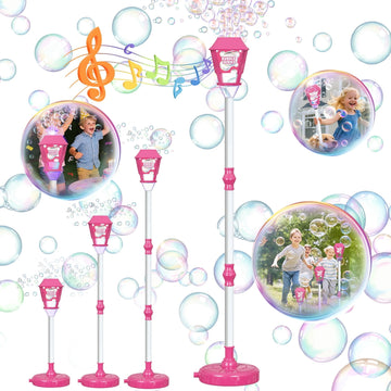 JoyStone Outdoor Bubble Machine for Kids with Lights & Music, Street Lamp Style Bubble Blower with 3 Adjustable Heights, Pink