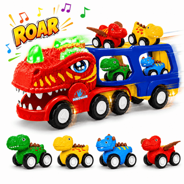 JoyStone Dinosaur Truck Toys for Kids, Friction Powered Transport Carrier Truck with 4 Pull-Back Dino Cars, Toddler Gifts with Sounds & Lights for Boys 3 4 5+