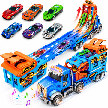 JoyStone Carrier Truck Toy with 6 Die-Cast Cars, Foldable Transport Truck Playset with Race Track Launcher, Storage Hauler Vehicle for Kids Ages 3-7 Boys Gift, Blue