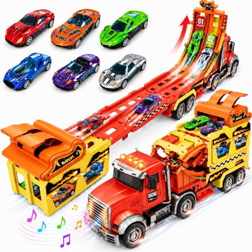 JoyStone Carrier Truck Toy with 6 Die-Cast Cars, Foldable Transport Truck Playset with Race Track Launcher, Storage Hauler Vehicle for Kids Ages 3-7 Boys Gift, Red