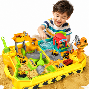 JoyStone Construction Sand Kit for Kids, Sand and Water Table with 4 Alloy Construction Trucks and Molds, Foldable Sandbox Sensory Toy with Dry-Wet Separation, Beach Toys for Boys Girls