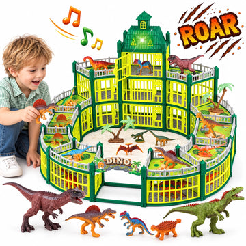 JoyStone 332PCS Dinosaur Figure Playset, Dinosaur House Toy with Light & Sound, Includes Dinosaurs, Fence & Tower, Educational STEM Construction Set for Boys & Girls Ages 3+
