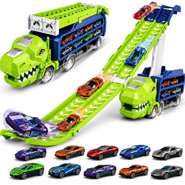 JoyStone Dinosaur Carrier Truck Toy with 10 Die-Cast Cars, Foldable 2 Layer Car Race Track Playset with Car Ramps, Storage Hauler Vehicle for Kids Ages 3-7 Boys Gift, Green