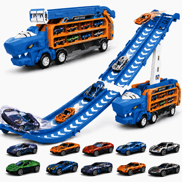 JoyStone Dinosaur Carrier Truck Toy with 10 Die-Cast Cars, Foldable 2 Layer Car Race Track Playset with Car Ramps, Storage Hauler Vehicle for Kids Ages 3-7 Boys Gift, Blue