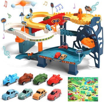 JoyStone Dinosaur Race Track Playset with Large Map, 4 Dino Pull Back Cars, Garage Parking Adventure Toy with Light & Sound, Educational Toy Car Playset Gift for 3-8 Year Old Toddler Kids