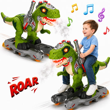JoyStone Dinosaur Ride On Toy Cars for Kids, Foot-to-Floor Kids Ride On Toy with Music, Lights & Mist Spray, Smooth Sliding Wheels for Indoor Outdoor Play, Gift for Boys Age 3-5, Green