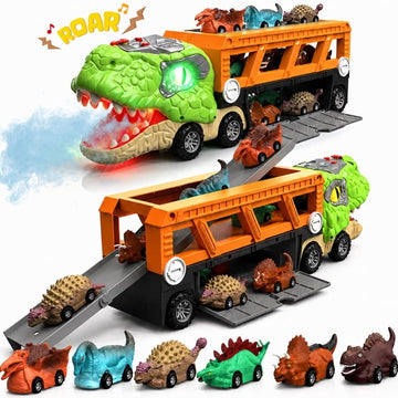 JoyStone Dinosaur Truck Toy, 17 Inch Transport Carrier with Lights, Sounds & Mist Spray, Includes 6 Dinosaur Cars, Gift for Kids Ages 3-7