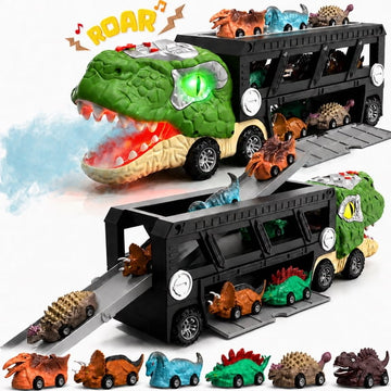 JoyStone Dinosaur Truck Toy, 17 Inch Transport Carrier with Lights, Sounds & Mist Spray, Includes 6 Dinosaur Cars, Gift for Kids Ages 3-7