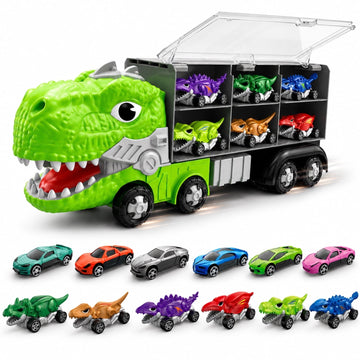 JoyStone Dinosaur Truck Toy Set with 12 Mini Alloy Cars, T-Rex Carrier Truck with Openable Storage, Push and Roll Toy Vehicles for Kids Ages 3+