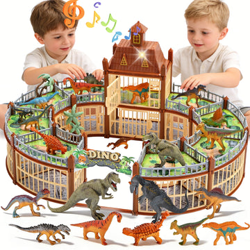 JoyStone 215PCS Dollhouse Playset with Lights & Music, Dinosaur Park Toy Set with Arena, 18 Dinosaurs & Trees, Brown