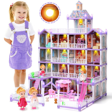 JoyStone Dollhouse for Girls, 19 Rooms Huge Dollhouse Playset with LED Lights, 2 Dolls, Furnitures, Accessories, DIY Pretend Play House Toys Gifts for Kids, Purple