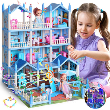 JoyStone Doll House for Girls, 4-Story 13 Rooms Huge Dollhouse Playset with LeD Lights, Dolls, Furnitures, Accessories, DIY Pretend Play Toys Gifts for Kids, Blue