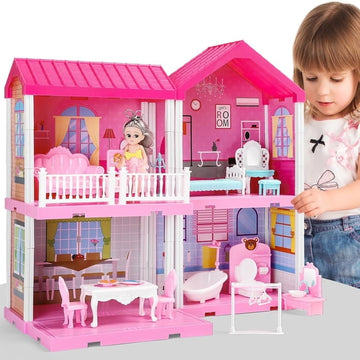 JoyStone DollHouse with Colorful Light, Pretend Play Toddler Doll House Furniture Sets with 3 Dolls, 9 Rooms DIY house , Creative Gift for Girls