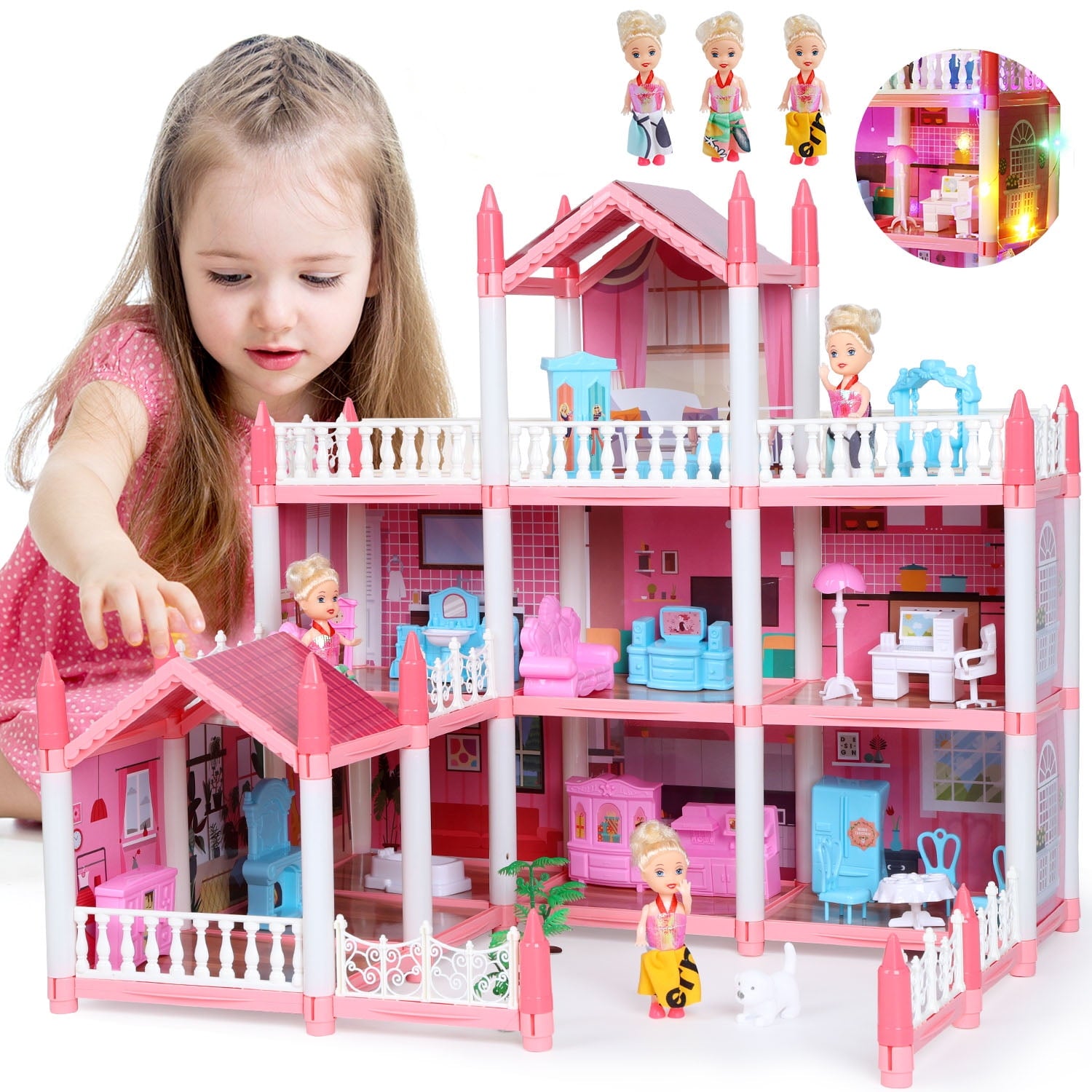 JoyStone DollHouse with Colorful Light, Pretend Play Toddler Doll House Furniture Sets with 3 Dolls, 9 Rooms DIY house , Creative Gift for Girls