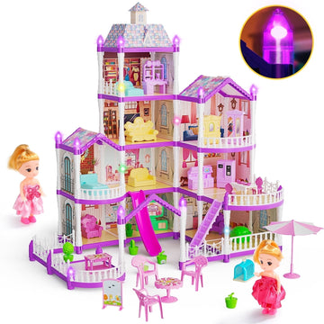 JoyStone DollHouse with Colorful Light and 10 Rooms for Girl, Huge Doll House DIY Pretend Toy, Princess House for Kids Gifts Ages 4-8, Purple