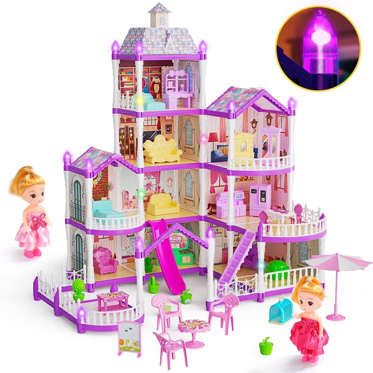 JoyStone DollHouse with Colorful Light and 10 Rooms for Girl, Huge Doll House DIY Pretend Toy, Princess House for Kids Gifts Ages 4-8, Purple