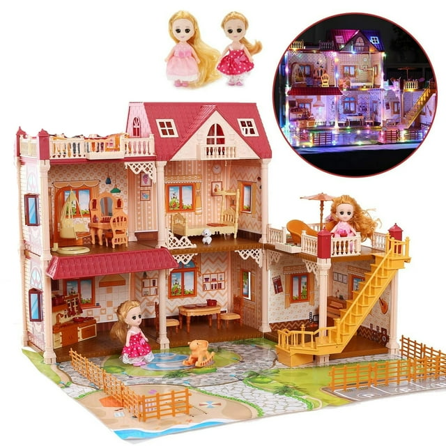 JoyStone Princess Castle House for Girls, Dollhouse Playset, 3-Story 8 Rooms Playhouse with 2 Dolls Toy Figure, Lights and Furniture & Accessories