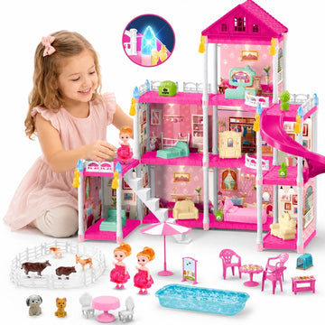 JoyStone Dollhouse, 8 Rooms Playhouse with Dolls Playset with Furniture&Light Strip& Rotating Slide, Gift Toy for Kids Ages 3-8