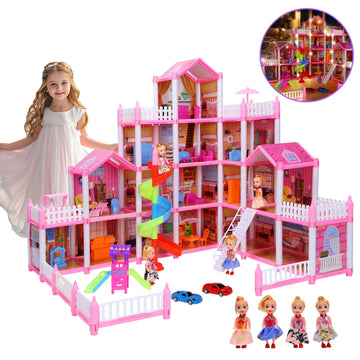 JoyStone Dollhouse, 16 Rooms Playhouse with 4 Dolls Playset with Furniture&Light Strip& Rotating Slide, Gift Toy for Kids Ages 3-8