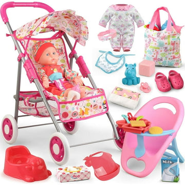JoyStone Baby Doll Stroller Set Toys for Girls Toddler, Baby Doll Accessories and 2 Sets Doll Clothes for Realistic Pretend Play