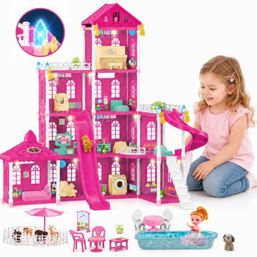 JoyStone Dollhouse Playset for Girls, 10 Rooms Doll House with Furniture and Doll, Upgraded Durable Plastic Construction with Warm LED Lights, Pretend Playhouse Toy Gift for Kids Ages 3+
