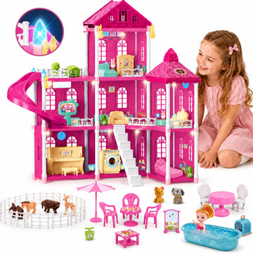 JoyStone Dollhouse Playset for Girls, Doll House with Furniture and Doll, Upgraded Durable Plastic Construction with Warm LED Lights, Pretend Playhouse Toy Gift for Kids Ages 3+