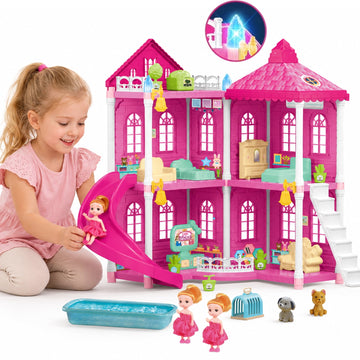JoyStone Dollhouse Playset for Girls, Doll House with Furniture and Doll, Upgraded Durable Plastic Construction with Warm LED Lights, Pretend Playhouse Toy Gift for Kids Ages 3+