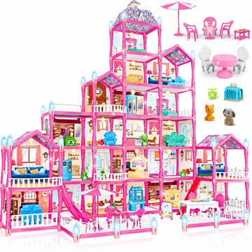 JoyStone Large Doll House for Girls, 22 Rooms DIY Playset with Furniture, Dolls, Warm String Lights and Slide, Creative Pretend Play Castle Toy Birthday Gift for Kids Ages 3+