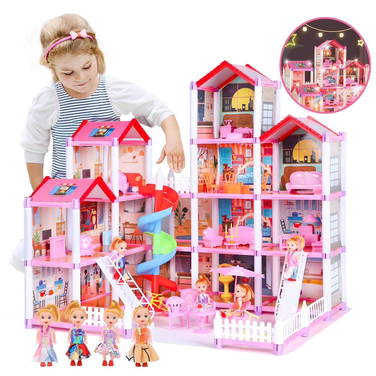 JoyStone Dollhouse, 14 Rooms Playhouse with 4 Dolls Playset with Furniture&Light Strip& Rotating Slide, Gift Toy for Kids Ages 3-8