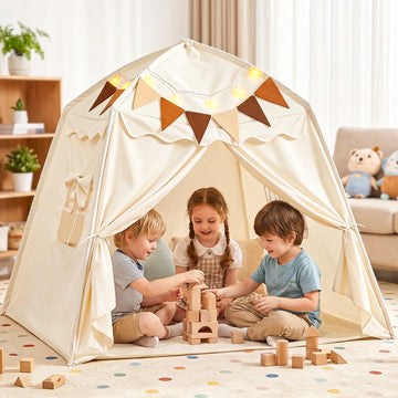JoyStone Kids Play Tent with Star Lights & Flags, Foldable Dome Playhouse, Indoor Outdoor Play Tent for Boys & Girls, 54 x 41 x 47 in