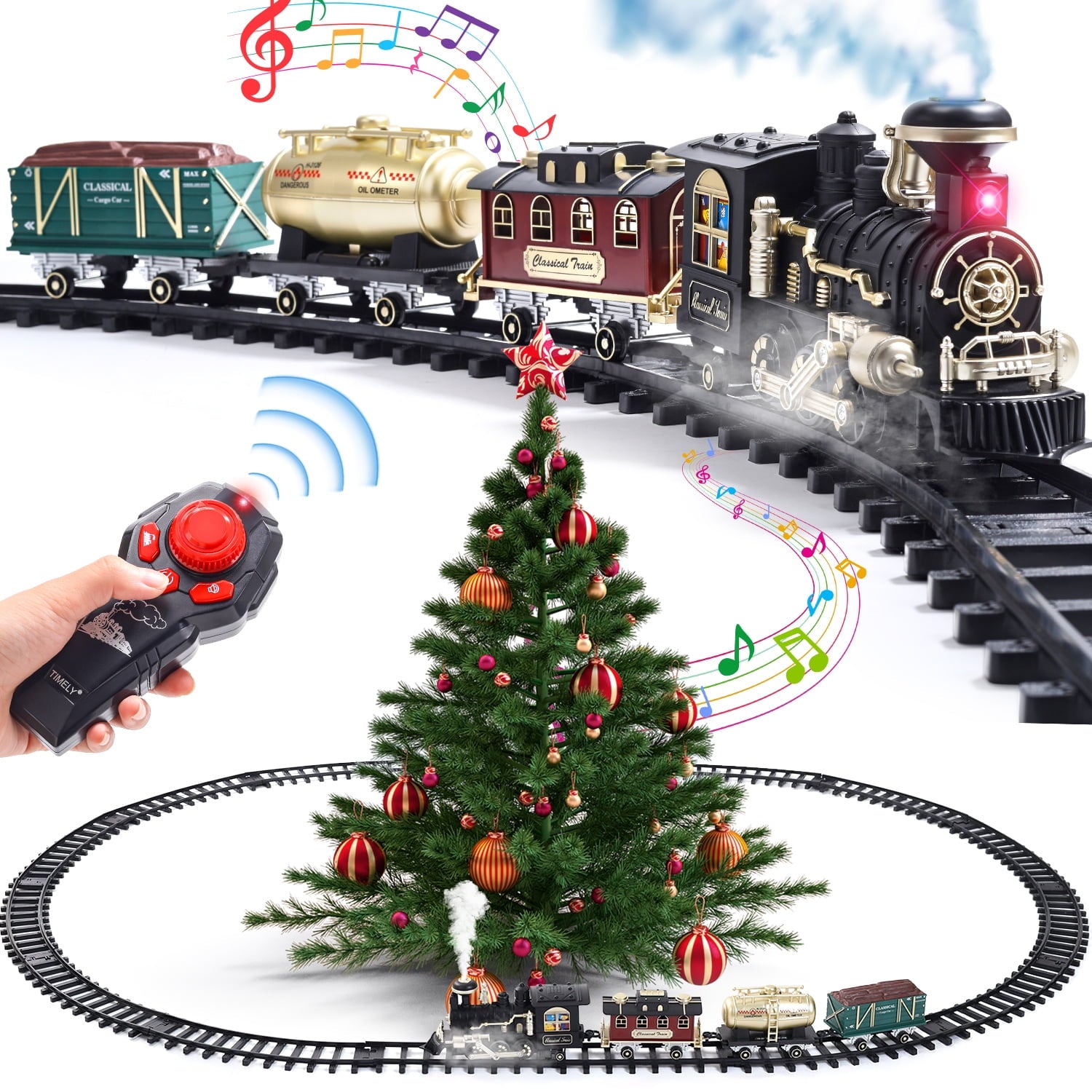 JoyStone Electric R/C Train Set Toys for Boys with Smokes, Lights & Sound, Tracks, Toddler Model Train Set with Steam Locomotive Engine & Cargo Cars and Tracks, Christmas Toy Train for Kids