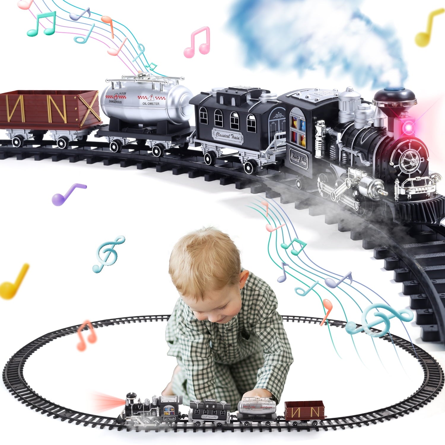 JoyStone Electric Train Set Toys for Boys with Smokes, Lights & Sound, Toddler Model Train Set with Steam Locomotive Engine & Cargo Cars and Tracks, Christmas Toy Train for Kids