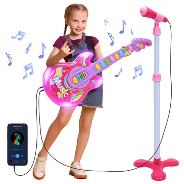 JoyStone Guitar and Microphone Set for Kids with Music & Colorful Light, Adjustable Height Microphone with Stand, Guitar Toys for Boys and Girls, Pink