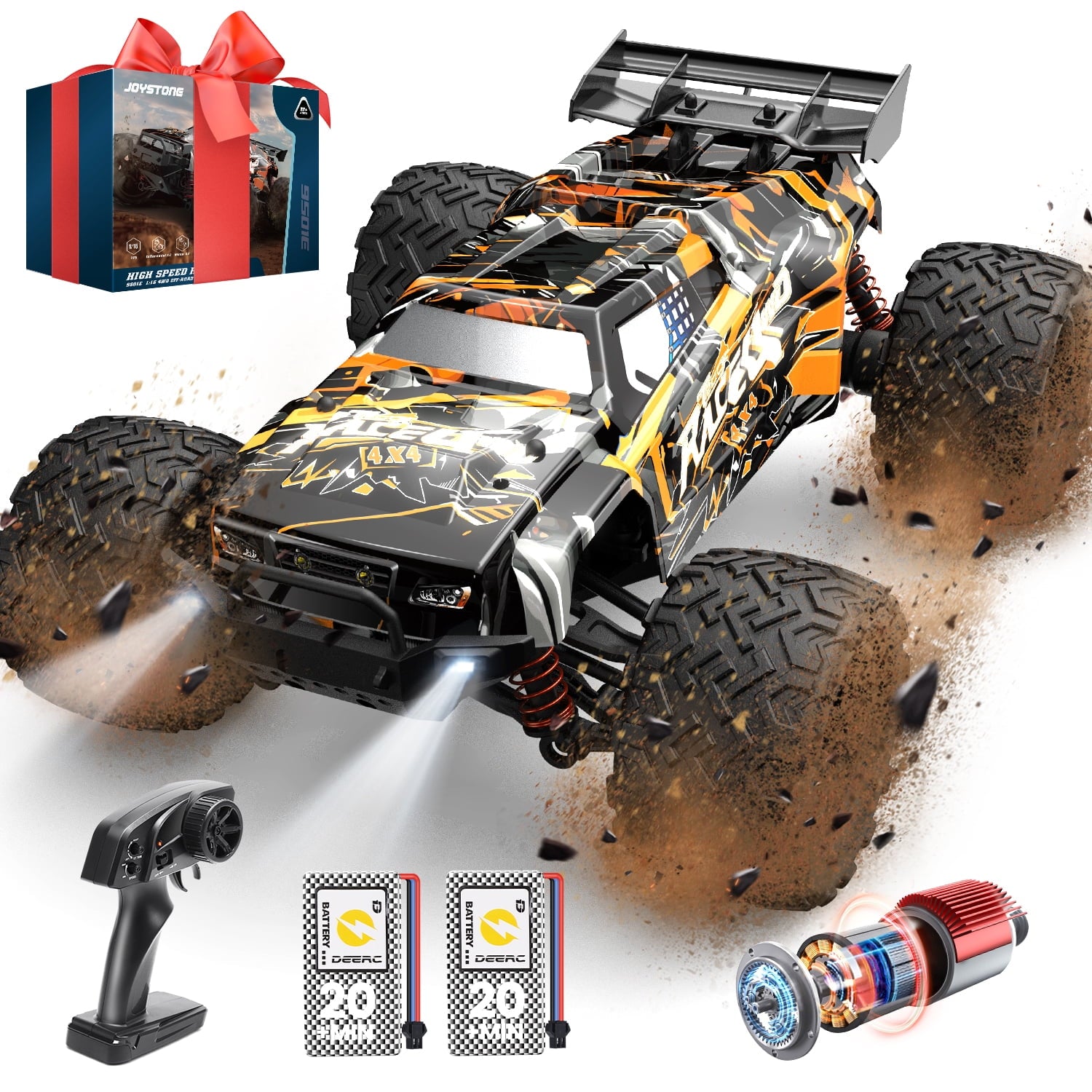 JoyStone High Speed RC Car, 1:16 Scale 45+KM/H Monster Remote Control Truck All Terrain Off-Road Truck, 4WD Electric Vehicle Hobby Toy with 2 Batteries for Kids Adults