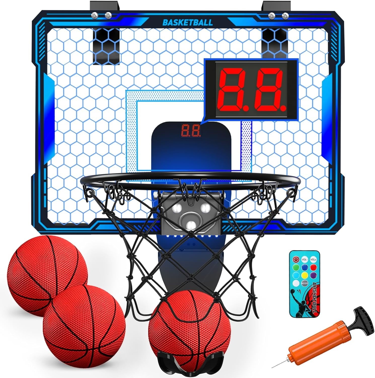 JoyStone Indoor Mini Basketball Hoop Set for Kids with Electronic Score Record and Sounds, Basketball Hoop Over The Door with 4 Balls, Hand Pump Basketball Toy Gifts for Boys Teens Adults, Red
