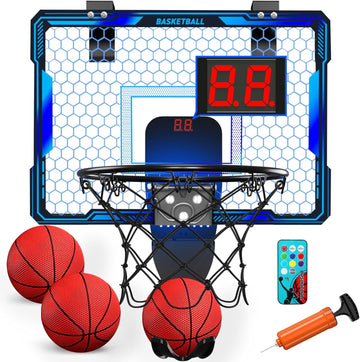 JoyStone Indoor Mini Basketball Hoop Set for Kids with Electronic Score Record and Sounds, Basketball Hoop Over The Door with 4 Balls, Hand Pump Basketball Toy Gifts for Boys Teens Adults, Red