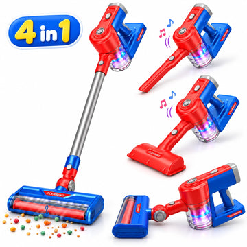 JoyStone Kids Vacuum Cleaner Toy, 4-in-1 Pretend Play Vacuum with Sound, Color-Changing Lights, Detachable Attachments and Dust Cup