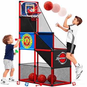 JoyStone 3-in-1 Basketball Arcade Game for Kids, Indoor Outdoor Basketball Hoop with Electronic Scoreboard, LED Lights, 4 Balls, Sports Toy for Boys Girls
