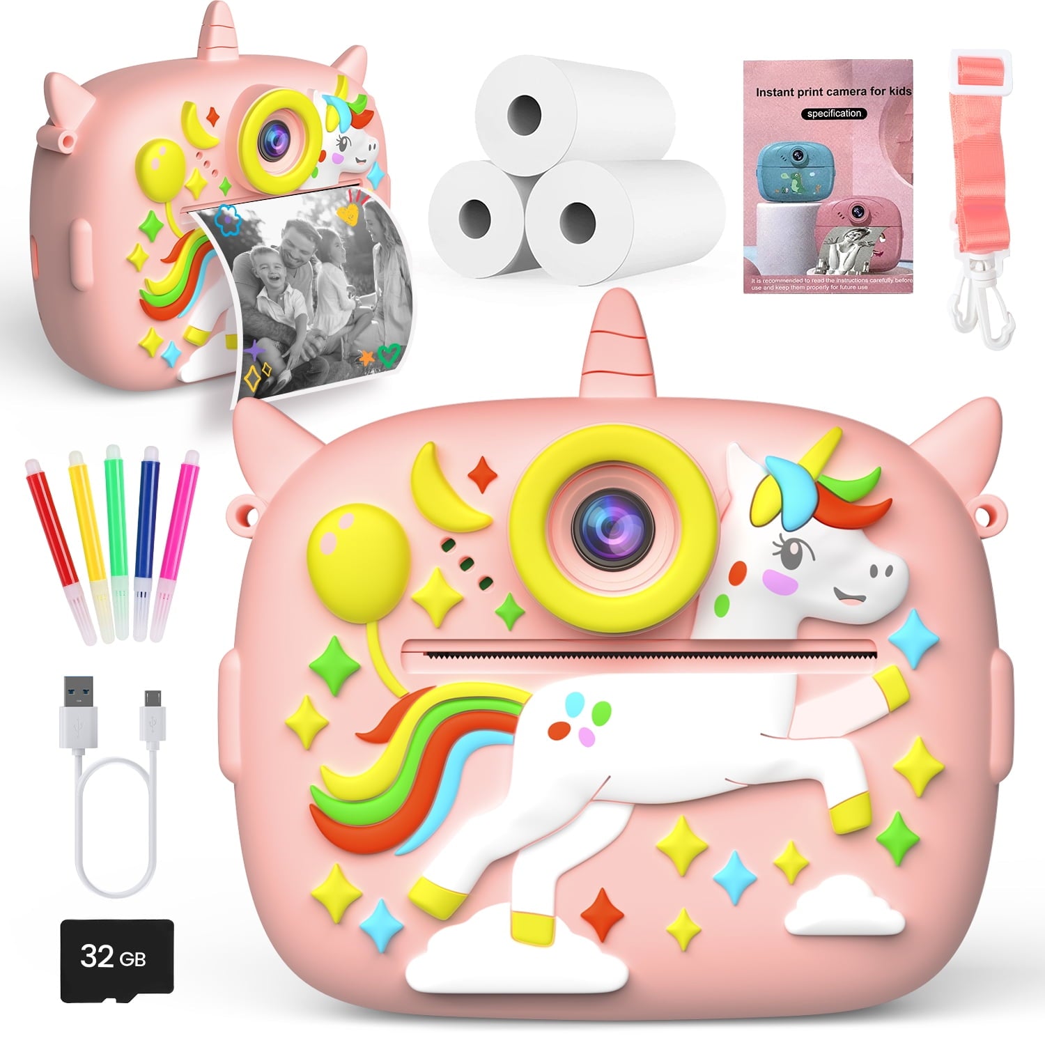 JoyStone Kids Camera Instant Print, Kids Digital Camera with Printing Paper and 32G TF Card, Gift for Girls and Boys Aged 6-12, Pink