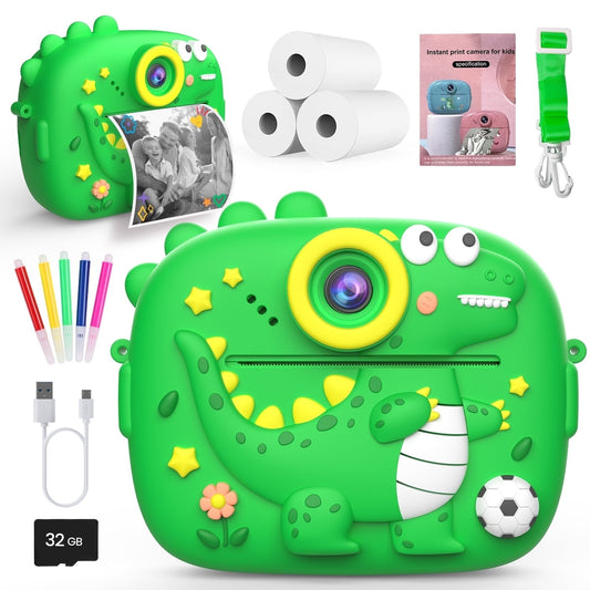 JoyStone Kids Camera Instant Print, Kids Digital Dinosaur Camera with Printing Paper and 32G TF Card, Gift for Girls and Boys Aged 6-12, Green