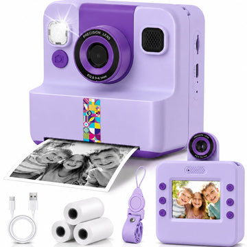 JoyStone Kids Instant Print Camera, Digital Camera for Kids with 180° Flip Lens, 2.4” Screen, 3 Paper Rolls, Birthday Gift for Kids, Purple