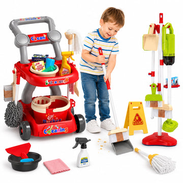 JoyStone Kids Cleaning Set, 20 PCS with Electric Sound & Light Vacuum, Broom, Mop, Dustpan, Brush, Rag, Housekeeping Cart, Perfect Gift for Kids, Red