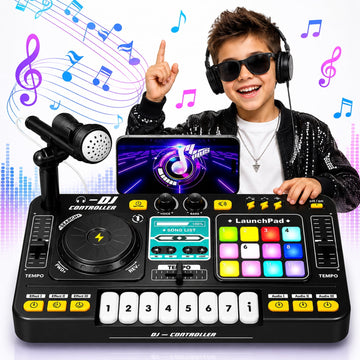 JoyStone Kids DJ Mixer Toy with Bluetooth, Turntable, Piano Keys & Microphone, Light-Up DJ Controller Board for Toddlers & Beginners, Musical Instrument Toy Gift for Ages 3-8, Black